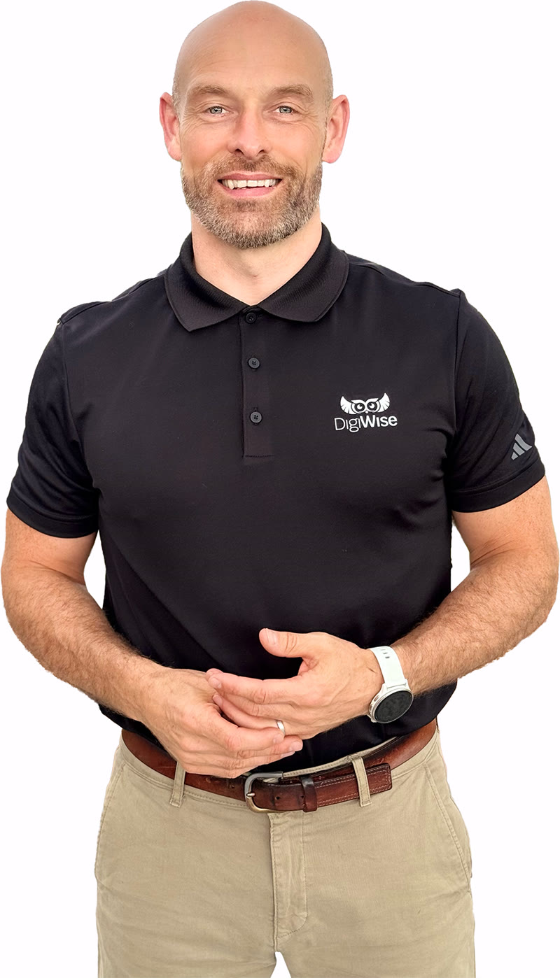Geoff Sloss, Digital Wellness Coach, in a DigiWise polo shirt